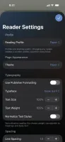 Native reader settings for typography and page appearance