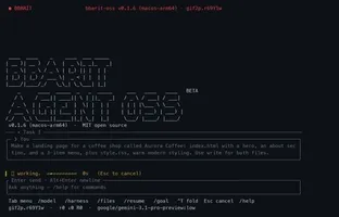 bbarit-oss building a landing page in the terminal, then showing the finished result