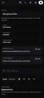 Mobile settings page in dark mode