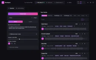 ACE-Step generation form with preset picker, description field, duration and variants, and track feed