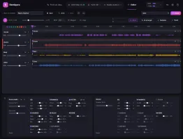 Multitrack DAW timeline with four stem lanes, volume sliders, master meters, and clip editing