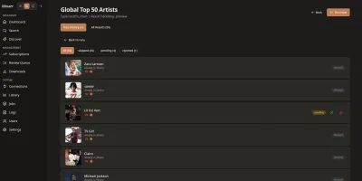 Subscription Results screen showing discovered artists ready for review