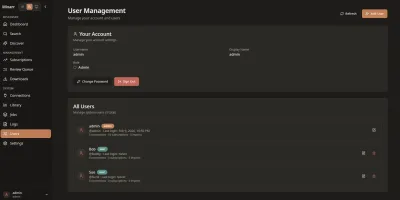User Management screen for admin account configuration