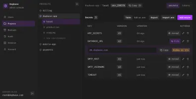 Dopbase Admin UI showing projects and environments with a secrets table and one temporarily revealed value