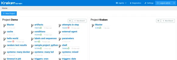 Kraken CI main dashboard showing projects and branches