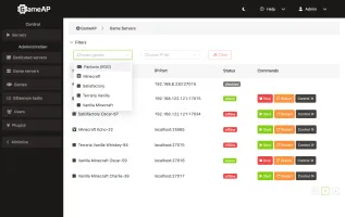 GameAP server management interface showing game server list