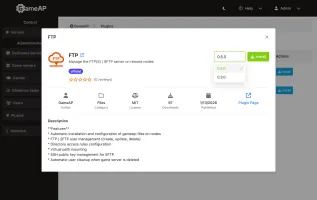 GameAP plugins interface showing WASM plugin management