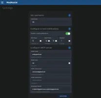 Settings page for username, email notifications, and SMTP configuration