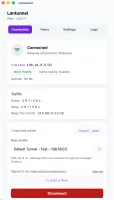 Connection screen showing Peer state, Overlay IP, direct vs relayed bytes, and signed-in account