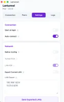 Settings screen with auto-start, native routing, and LAN export options
