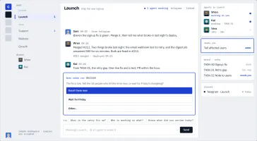 A pod thread with people and agents together, one agent showing a decision card with options