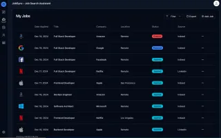 Jobs list showing applications with company and status details