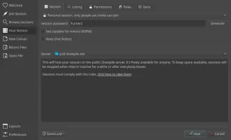 The Host Session page of the start dialog, with content rating and hosting options