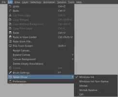 The tablet driver options in the Edit menu