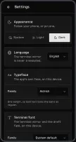 Settings screen: appearance, language and typeface