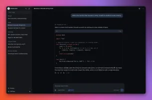 Chat screen with a thinking model's reply, a highlighted Go code block and the date-grouped chat list