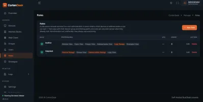 Roles screen showing permission matrix over console areas at View or Manage level
