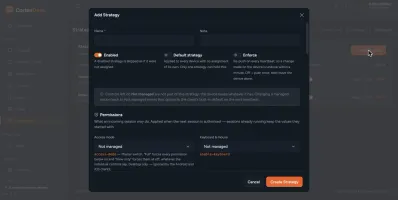 Add Strategy dialog with name, note, Enabled/Default/Enforce toggles, and Permissions section