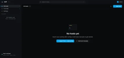 Empty state showing vault unlocked with option to import SSH config or add host manually