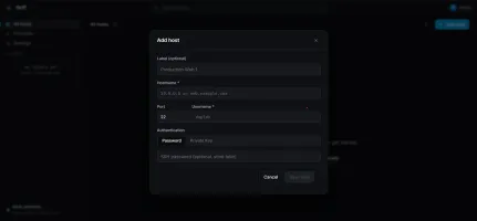 Add host dialog with fields for label, hostname, port, username, and authentication method