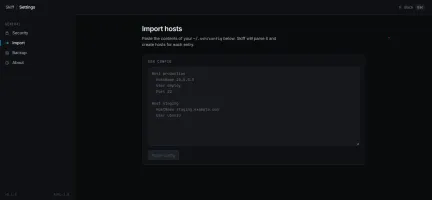 Settings import screen with pasted ~/.ssh/config and Parse config button