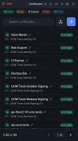 Mobile certificate list with search and status filters