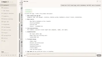 Chat Ops in the Magic dashboard, asked to create a full stack app, replying with the product decisions it needs