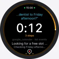 StopWatch working screen showing live agent activity (google_calendar · list events, 12s · 3 steps)