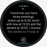 StopWatch reply screen with cyan ring while speaking the agent's response