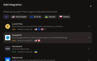 Bank provider picker listing LunchFlow, SimpleFIN, Monobank and Walutomat