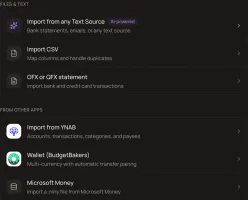 Import options: any text source, CSV, OFX, YNAB, Wallet and Microsoft Money