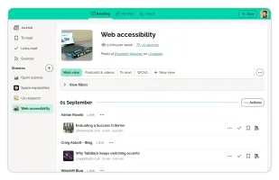 Web accessibility stream showing links from several sources grouped by day
