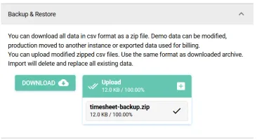 Backup and restore interface for CSV data export/import