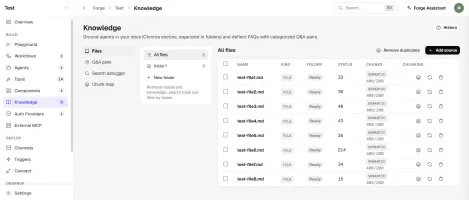 Forge knowledge screen showing document sources, folders, chunking status, and Q&A