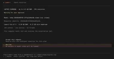 Donor approval request showing model, layer range, RAM budget, and disk headroom