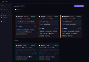 ClawFleet Dashboard showing 6 AI bot instances running in isolated Docker containers with CPU/memory monitoring