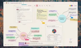 Dim0 board showing nested research, notes, code, charts, and AI agent on one canvas