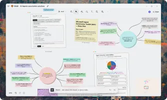 Main screen showing a single board with notes, mind map, mini-apps, documents, and agent