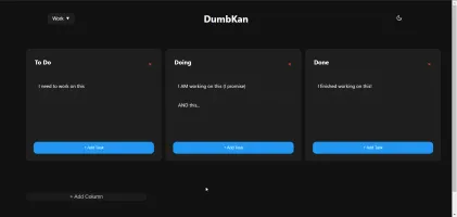 DumbKan Kanban board screenshot showing columns and tasks