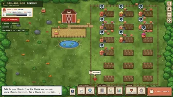 Farm UI showing thirteen Claudes with tokens counter, Claude cards, sub-agents at plots, barn, yard, pond, and dock