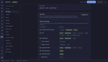 API key coverage showing which capabilities have supporting provider keys