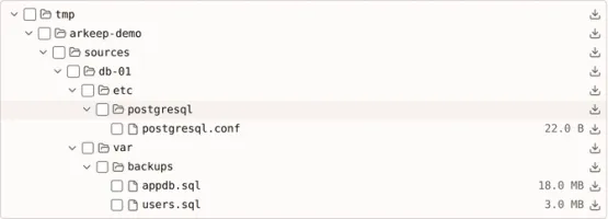 Snapshot browser showing folders and files of a Postgres snapshot
