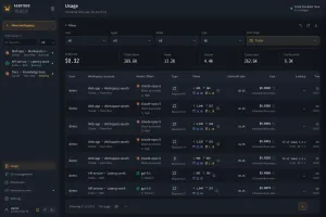 Usage records per model request with tokens, cache hit rate, cost, latency