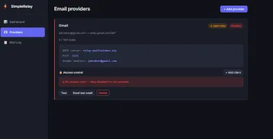 SimpleRelay web dashboard showing sent count, provider health, and mail logs