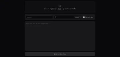 SuperBin web interface showing file upload, pastebin, and URL shortener features