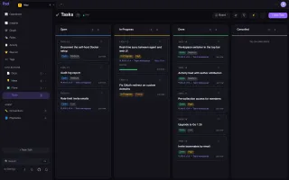 Pad tasks board with Open, In-Progress, Done, and Cancelled columns showing task cards with priority and plan