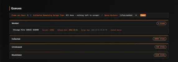 Queues view showing wanted, unreleased, collected, and blacklisted items