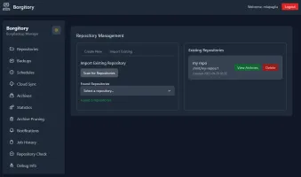 Borgitory web interface showing backup repository management dashboard