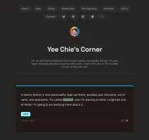 Home page with avatar, introduction, links to About, Now, Contact, and latest post