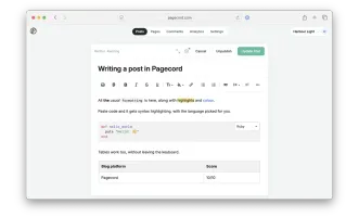 Rich text editor with Markdown syntax, formatting, images, galleries, tables, colors, and code blocks